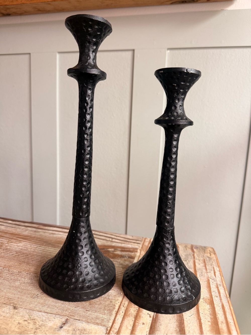 Black Hammered Metal Candle Holders — Set of 2